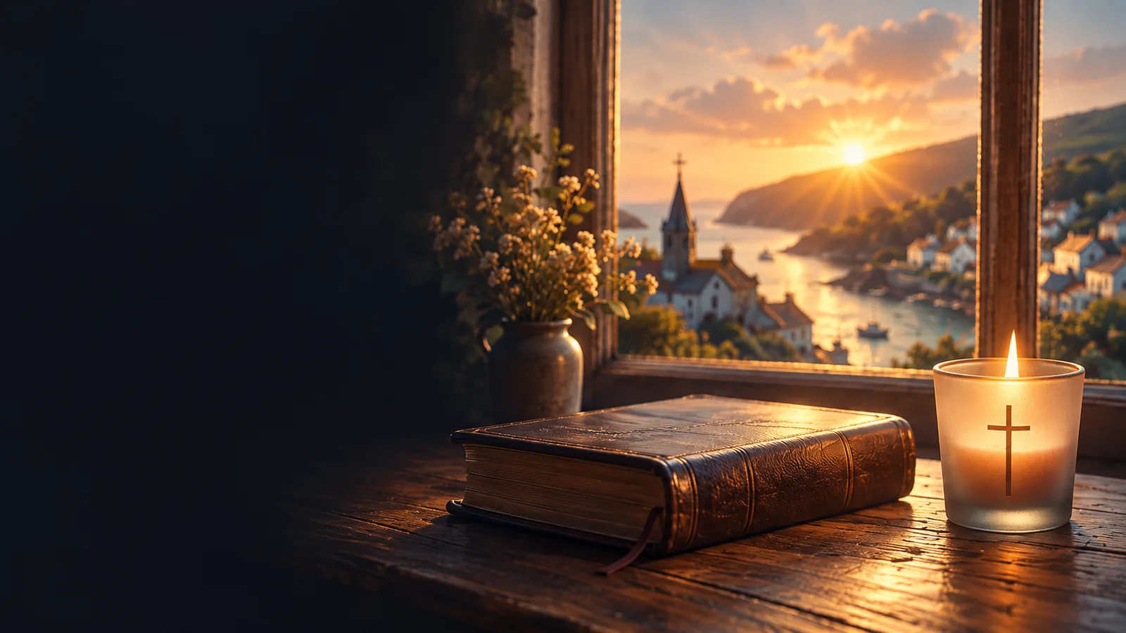 A Bible and candle beside a window overlooking a coastal village