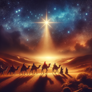 A desert scene at night featuring the silhouette of the Magi and their camels journeying under a radiant guiding star with a starry, vibrant sky and golden light on the horizon.