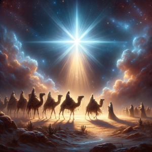 A luminous star shines bright in the night sky, casting a golden glow as a caravan of wise men and camels journey through a desert. The image symbolises Epiphany, celebrating Jesus as the Light for all nations.