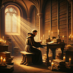 A monk in a brown robe sits in a serene, candlelit library filled with ancient books, illuminated by sunlight streaming through a stained glass window, symbolising reflection and divine wisdom.