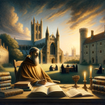 An inspiring depiction of a monk writing at a desk surrounded by books and candles, with a majestic medieval cathedral and monks in a courtyard in the background, evoking themes of faith and purposeful living.