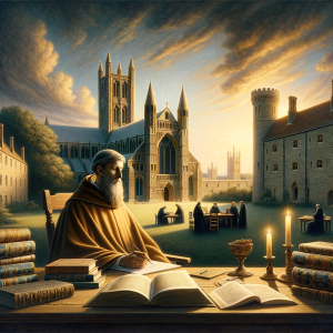 An inspiring depiction of a monk writing at a desk surrounded by books and candles, with a majestic medieval cathedral and monks in a courtyard in the background, evoking themes of faith and purposeful living.