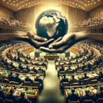 A symbolic image of two hands holding a glowing Earth over a United Nations assembly, representing unity, justice, and acts of humility.