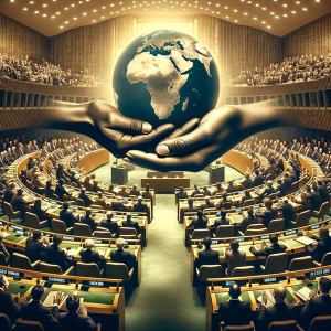 A symbolic image of two hands holding a glowing Earth over a United Nations assembly, representing unity, justice, and acts of humility.