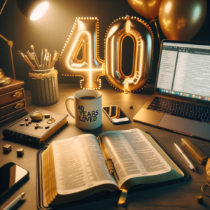 A warm and uplifting scene featuring an open Bible, a mug with the text '40 Years Loved,' and glowing '40' balloons in the background, symbolising Christian reflection and gratitude on a 40-year life journey of faith.