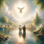 An inspiring depiction of Jesus' baptism by John in the Jordan River with a radiant dove symbolising the Holy Spirit descending from a brilliant light, surrounded by a serene landscape, lush greenery, and gathered disciples reflecting on this sacred moment.