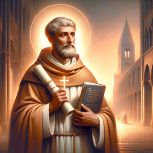 An inspiring illustration of Saint Hilary of Poitiers, depicted with a halo, holding a scroll and a book, symbolising his commitment to defending the truth of God’s Word. The scene is set within a softly lit cathedral environment, highlighting faith and steadfastness.