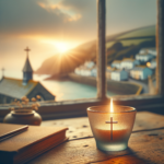A glowing candle with a cross on the glass sits on a wooden table next to a journal, overlooking a serene coastal village at sunrise through a window. The image symbolises faith, light, and new beginnings in a devotional context.