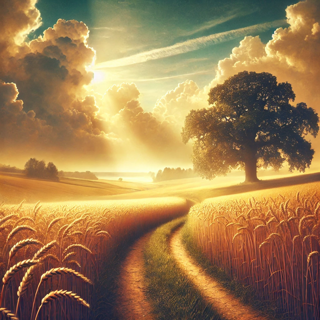 The image features a peaceful countryside landscape at sunrise, symbolising trust in God’s plan. A meandering path gently winds through rolling green fields, leading toward a distant horizon where the golden light of dawn illuminates the sky. The scene evokes a sense of calm, quiet reflection, and the assurance that even in ordinary moments, God’s purpose is at work.