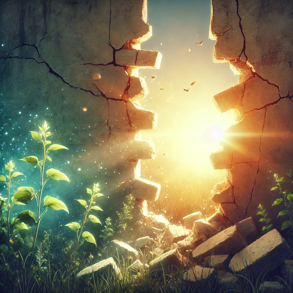 This image shows a broken wall with light shining through the cracks, symbolising reconciliation and unity. Soft, warm hues of sunrise are visible in the background, evoking a sense of hope and new beginnings. Green plants are growing through the rubble surrounding the wall, representing life emerging after division. The scene exudes peace and restoration, with light and nature reclaiming what was once divided.