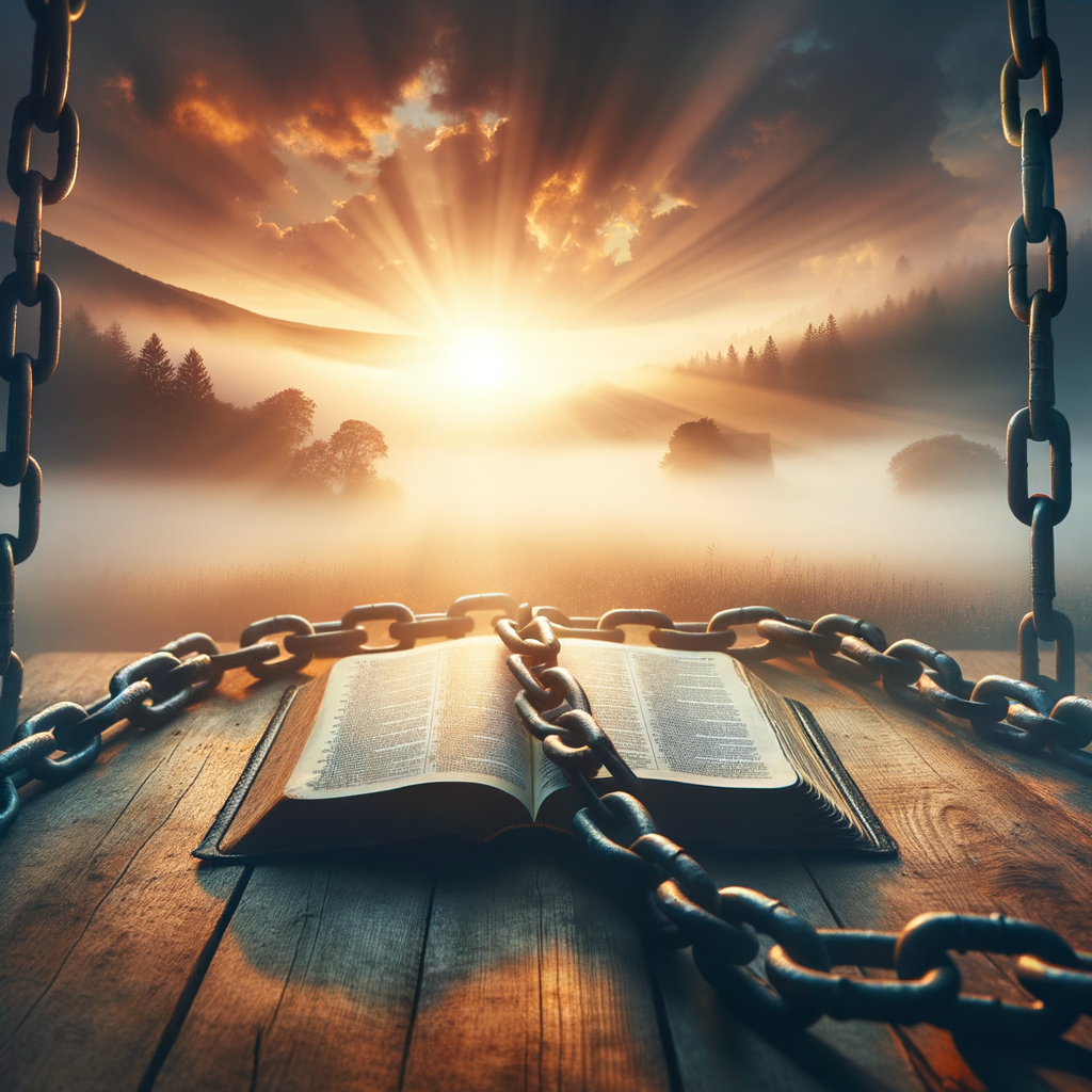 An open Bible resting on a wooden surface, surrounded by heavy chains symbolising burdens, with radiant sunlight breaking through clouds in the background, depicting the spiritual freedom offered by Jesus Christ.