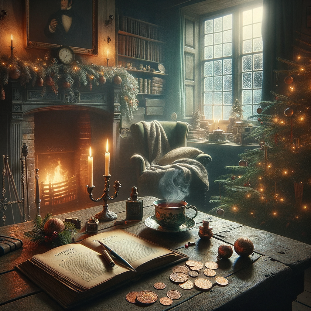 Cosy Victorian-style room inspired by A Christmas Carol, featuring a glowing fireplace, a festive Christmas tree, a wooden table with an open book, a steaming teacup, coins, and candlelight, evoking themes of warmth, compassion, and reflection.